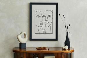Stylish minimalistic composition of creative living room interior with dry flowers in black vase and creative sculpture on the wooden commode and elegant personal accessories Template. photo