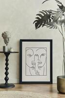 Stylish composiotion of creative living room interior with mock up poster frame, sculpture on the coffe table, palm in wooden pot, carpet and elegant personal accessories. Template. photo