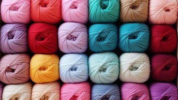 muchos multicolor pelotas de hilos en un de punto tela, de cerca. neural red foto