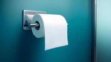 A white roll of soft toilet paper neatly hanging on a modern chrome holder on a light blue bathroom wall. Neural network photo