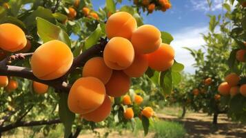 A bunch of ripe apricots on a branch. Neural network photo