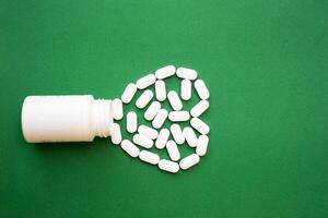 Pills , tablets, pill bottle isolated on green. copy space. Medicine pharmacy pharmacology health concept photo