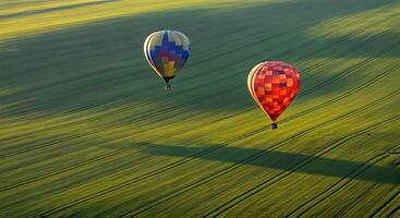 Two hot air balloons flying over a green field photo