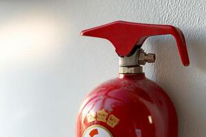 fire extinguisher on white wall, close up photo