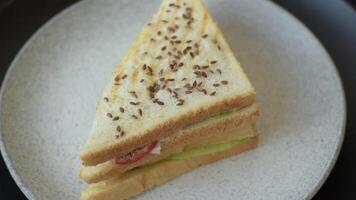 Sandwich with toast bread, meat, tomatoes, cheese, sauce, salt and spices on a dark texture background video