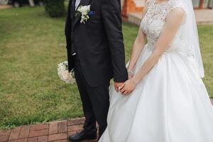 A bride and groom are standing together in a grassy area, holding hands. The bride is wearing a white dress and the groom is wearing a suit. The scene is likely a wedding or a special event photo