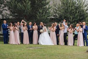 A group of people are gathered in a field, with a bride and groom in the center. The bride is wearing a white dress and the groom is wearing a suit photo