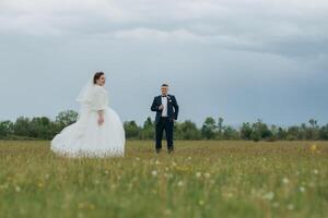A bride and groom are standing in a field on a cloudy day photo