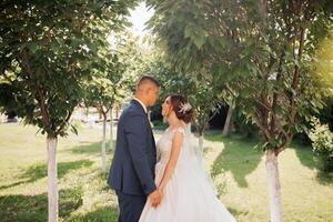 A bride and groom are standing in a park, with the bride wearing a white dress photo