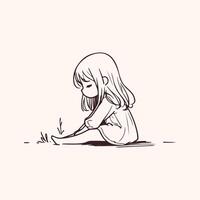 Quiet Reflection- A Hand Drawing of a Little Girl Alone vector