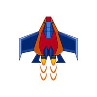A cartoon fighter spacecraft with blue wings, double machine gun, and double hypersonic rocket thrusters vector