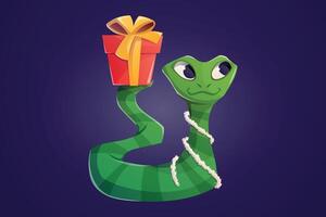 Cute green tree snake with gift box with bow. Symbol of Chinese New Year 2025. isolated cartoon illustration, Christmas decorative character. vector