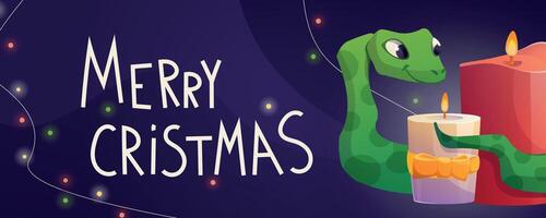 horizontal festive Christmas banner. Green tree snake with festive aromatic decorative candles. Greeting card or advertising booklet. vector