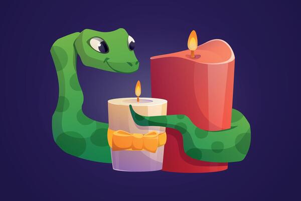 Green tree snake with festive aromatic decorative candles. Symbol of Chinese New Year 2025. isolated cartoon Christmas illustration.
