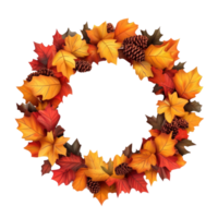 a wreath of autumn leaves and pine cones on a transparent background png