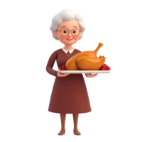 Smiling senior woman holding a tray with roasted 3D icon cartoon turkey for thanksgiving 3D icon cartoon minimalist isolate on transparent background png
