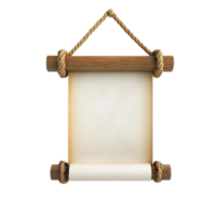 Old vertical paper scroll hanging on rope 3D icon isolate on transparent background png