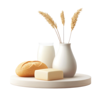 Dairy products on a white wooden board and a vase with bread ears isolate on transparent background png