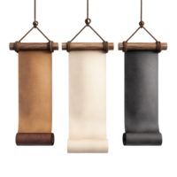 collection of Old vertical paper scroll hanging 3D icon cartoon minimalist isolate on transparent background png