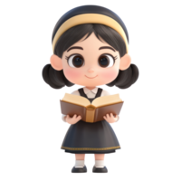 Jewish little girl holding open book looking at camera 3D icon cartoon minimalist isolate on transparent background png