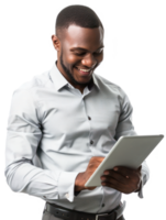 businessman smiling while using tablet isolate on transparency background png