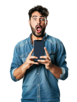 Lebanese guy showing smartphone and surprised, isolated on a transparency background png