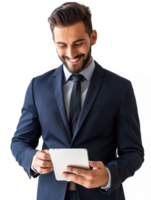 businessman smiling while using tablet isolate on transparency background png
