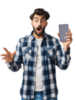 Lebanese guy showing smartphone and surprised, isolated on a transparency background png
