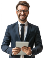 businessman smiling while using tablet isolate on transparency background png