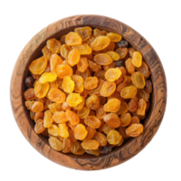 Golden yellow raisins in wooden bowl top view isolate on transparency background png
