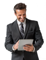 businessman smiling while using tablet isolate on transparency background png