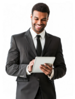businessman smiling while using tablet isolate on transparency background png