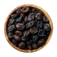 Raisins in wooden bowl top view isolate on transparency background png