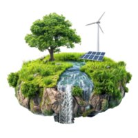 floated green grass island with waterfall and solar panel and wind turbine isolate on transparency background png