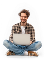 A man is sitting cross-legged on floor with a laptop on his lap , he is looking happy. isolate on transparency background png