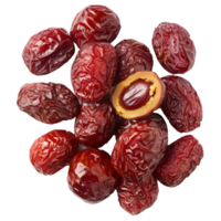 Heap of whole dried Chinese red dates and a halved top view isolate on transparency background png