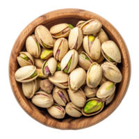 Pistachio in wooden bowl, clipping path top view isolate on transparency background png
