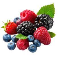 Mix berries with green leaves, clipping path isolate on transparency background png