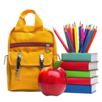 School bag and red apple and box of pen holder with stack book isolate on transparency background png
