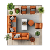 modern living room 3d top view full length isolate on transparency background png