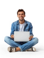 A man is sitting cross-legged on floor with a laptop on his lap , he is looking happy. isolate on transparency background png