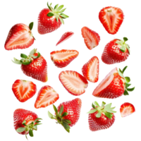 Falling Strawberries and slices isolate on transparency background png
