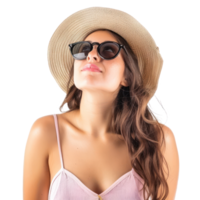 young woman wearing a summer hat and sunglasses looking up , standing isolate on transparency background png