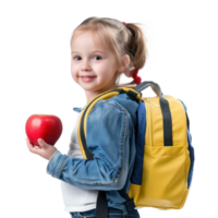 Happy girl with school backpack with red apple, standing isolate on transparency background png