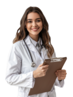Smiling female doctor holding clipboard isolate on transparency background png