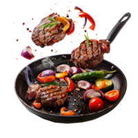 floated seperated Flying beef steaks with grilled vegetable and pan isolate on transparency background png