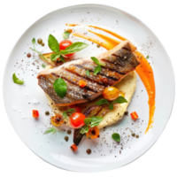 floated Grilled fish with lentil puree and vegetables seen falling into a plate isolate on transparency background png