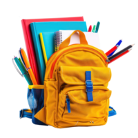School backpack with stack book and pens isolate on transparency background png