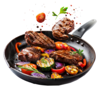 floated seperated Flying beef steaks with grilled vegetable and pan isolate on transparency background png