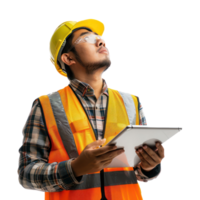 Engineer construction man with tablet looking up, standing isolate on transparency background png